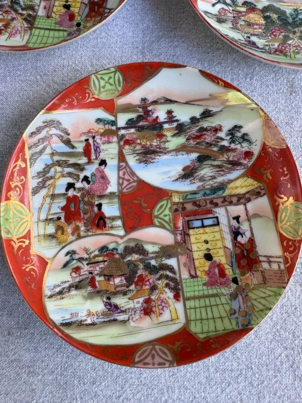 Antique Kutani Ware Geisha Saucers Hand‑Painted Porcelain Japan